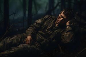 AI generated dirty tired soldier sleeps on tree roots in deep forest at autumn night, neural network generated image photo