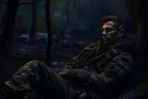 ai generado sucio cansado soldado duerme sentado en profundo bosque piso a verano noche, neural red generado imagen foto