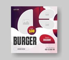 Burger social media square size banner design for your fast food restaurant menu business promotion, delicious burger food menu post layout design with gradient shapes. vector