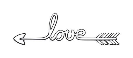 Outline of Cupid Arrow Curved into the Word Love. Valentines Day Symbol. Vector Illustration. Hand drawn Doodle Clip Art. Design Element Isolated on White Background