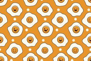 frito huevos con emoticon sin costura modelo vector. gracioso vector en naranja antecedentes. textura imprimible para niño paño, mesa paño, envase papel, fondo de pantalla, tela y textil, envase.