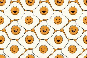 Fried Eggs with emoticon seamless pattern vector. Funny vector on orange background. Texture printable for kid cloth, table cloth, wrapping paper, wallpaper, fabric and textile, wrapping.