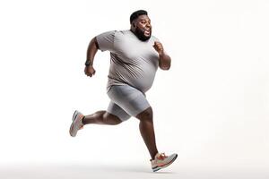ai generado exceso de peso africano americano hombre corriendo en blanco fondo, concepto de exceso de peso y peso pérdida. neural red generado fotorrealista imagen foto