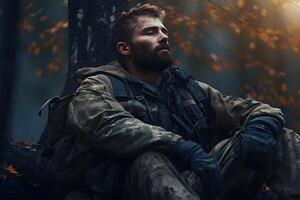 AI generated dirty tired soldier sleeps sitting on deep forest floor at autumn evening, neural network generated image photo