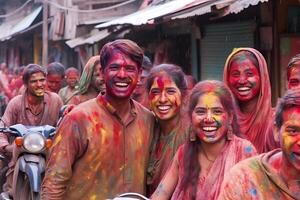 ai generado sonriente gente, de colores contento caras con vibrante colores durante el celebracion de el holi festival en India. neural red generado imagen foto