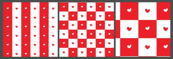 Checkerboard with Hand drawn cute little heart red and white pattern seamless set. Vector Illustration elegant background for wedding and valentines day.