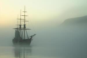 AI generated spectral ghost ship at foggy morning or evening. Neural network generated image photo