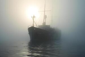 AI generated spectral ghost ship at foggy morning or evening. Neural network generated image photo
