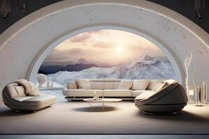 AI generated futuristic white moon base living room interior, neural network generated image photo