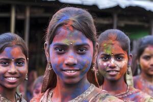 ai generado sonriente joven adulto mujer, de colores contento caras con vibrante colores durante el celebracion de el holi festival en India. neural red generado imagen foto