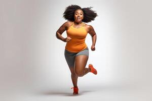 AI generated Overweight African American woman running on white background, concept of overweight and weight loss. Neural network generated photorealistic image photo
