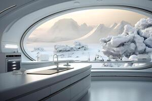 AI generated futuristic white moon base style kitchen or bar interior, neural network generated image photo