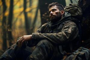 AI generated dirty tired soldier sitting in deep forest at autumn evening, neural network generated image photo