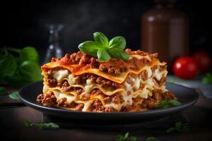 AI generated classic Italian lasagna with layers of pasta on black plate on table on dark background. Neural network photorealistic generated image photo