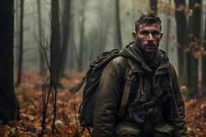 ai generado sucio cansado soldado en otoño profundo bosque a día con Copiar espacio, neural red generado imagen foto