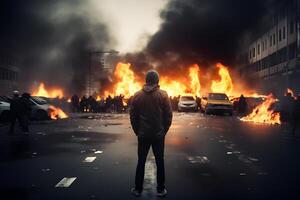 AI generated street riot in city with protestors and burning cars, neural network generated photorealistic image photo