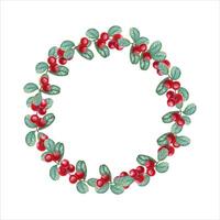 Wreath of ripe, juicy cowberries. Forest red berries with green leaves. Copy space for text vector