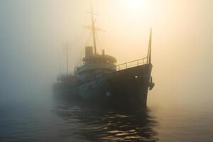 AI generated spectral ghost ship at foggy morning or evening. Neural network generated image photo