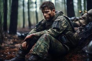 AI generated dirty tired soldier sitting in deep forest at autumn morning, neural network generated image photo