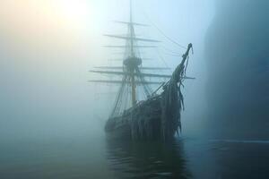 AI generated spectral ghost ship at foggy morning or evening. Neural network generated image photo