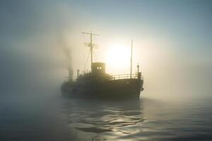 AI generated spectral ghost ship at foggy morning or evening. Neural network generated image photo