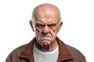 AI generated Angry senior Caucasian man, head and shoulders portrait on white background. Neural network generated photorealistic image photo