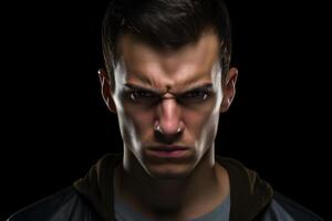 AI generated Sulking young adult Caucasian man, head and shoulders portrait on black background. Neural network generated photorealistic image. photo
