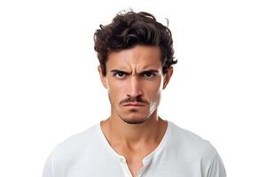 AI generated Sulking young adult Latin American man, head and shoulders portrait on white background. Neural network generated photorealistic image. photo