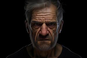 AI generated Angry senior Caucasian man, head and shoulders portrait on black background. Neural network generated photorealistic image photo