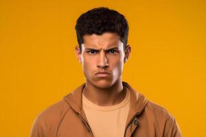 AI generated Sulking young adult Latin American man, head and shoulders portrait on yellow background. Neural network generated photorealistic image. photo