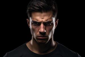 AI generated Sulking young adult Latin American man, head and shoulders portrait on black background. Neural network generated photorealistic image. photo