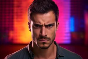 AI generated Sulking young adult Latin American man, head and shoulders portrait on colorful background. Neural network generated photorealistic image. photo