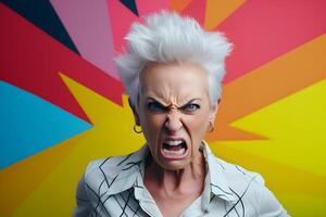 AI generated Angry senior Caucasian woman yelling, head and shoulders portrait on colorful background. Neural network generated photorealistic image. photo