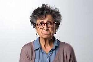 AI generated scowl senior Latin American woman, head and shoulders portrait on white background. Neural network generated photorealistic image photo