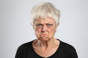 AI generated scowl senior Caucasian woman, head and shoulders portrait on white background. Neural network generated photorealistic image photo