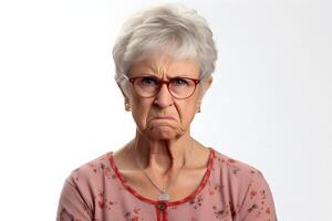 AI generated scowl senior Caucasian woman, head and shoulders portrait on white background. Neural network generated photorealistic image photo