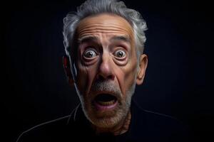 AI generated Surprised senior Caucasian man on black background. Neural network generated photorealistic image. photo