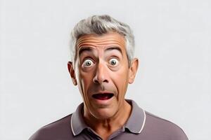 AI generated Surprised gray-haired Caucasian man on white background. Neural network generated photorealistic image. photo