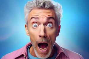 AI generated Surprised gray-haired Caucasian man on blue background. Neural network generated photorealistic image. photo