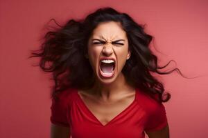 AI generated Angry young adult Latin American woman yelling on red background. Neural network generated photorealistic image. photo