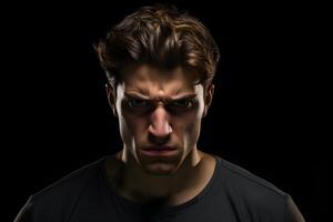 AI generated Sulking young adult Caucasian man, head and shoulders portrait on black background. Neural network generated photorealistic image. photo