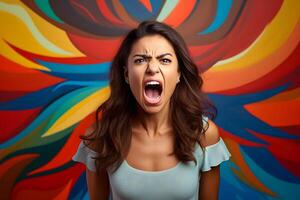 AI generated Angry young adult Latin American woman yelling on colorful background. Neural network generated photorealistic image. photo