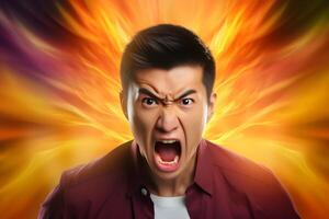AI generated Angry young adult Asian man yelling, portrait on yellow flames background. Neural network generated image photo