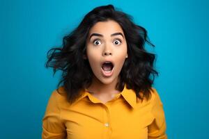 AI generated Surprised Hispanic young adult woman on blue background. Neural network generated photorealistic image. photo