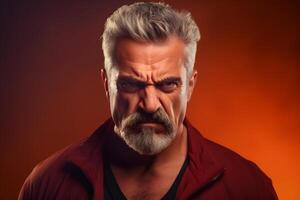 AI generated Angry mature Caucasian man, head and shoulders portrait on orange background. Neural network generated photorealistic image photo