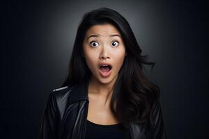 AI generated Surprised Asian young adult woman on black background. Neural network generated photorealistic image. photo