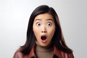 AI generated Surprised Asian young adult woman on white background. Neural network generated photorealistic image. photo