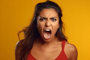 AI generated Angry young adult Latin American woman yelling on orange background. Neural network generated photorealistic image. photo