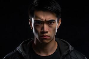 AI generated serious young adult Asian man, head and shoulders portrait on black background. Neural network generated photorealistic image photo