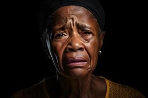 ai generado llorando mayor africano americano mujer, cabeza y espalda retrato en negro antecedentes. neural red generado imagen foto